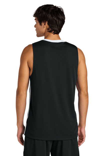 Black Sport-Tek customizable mesh basketball jersey with white accents, featuring a team-ready design with space for name and number.