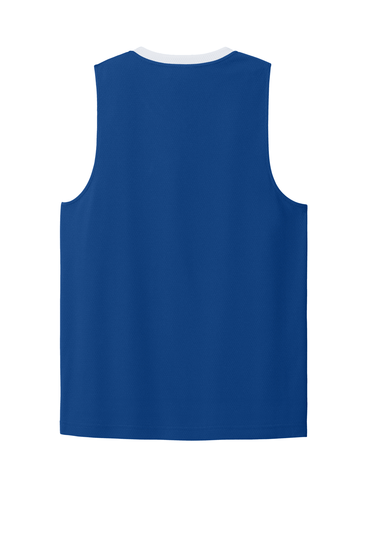 Blue and white Sport-Tek basketball jersey with customizable name and number, lightweight and breathable mesh design.