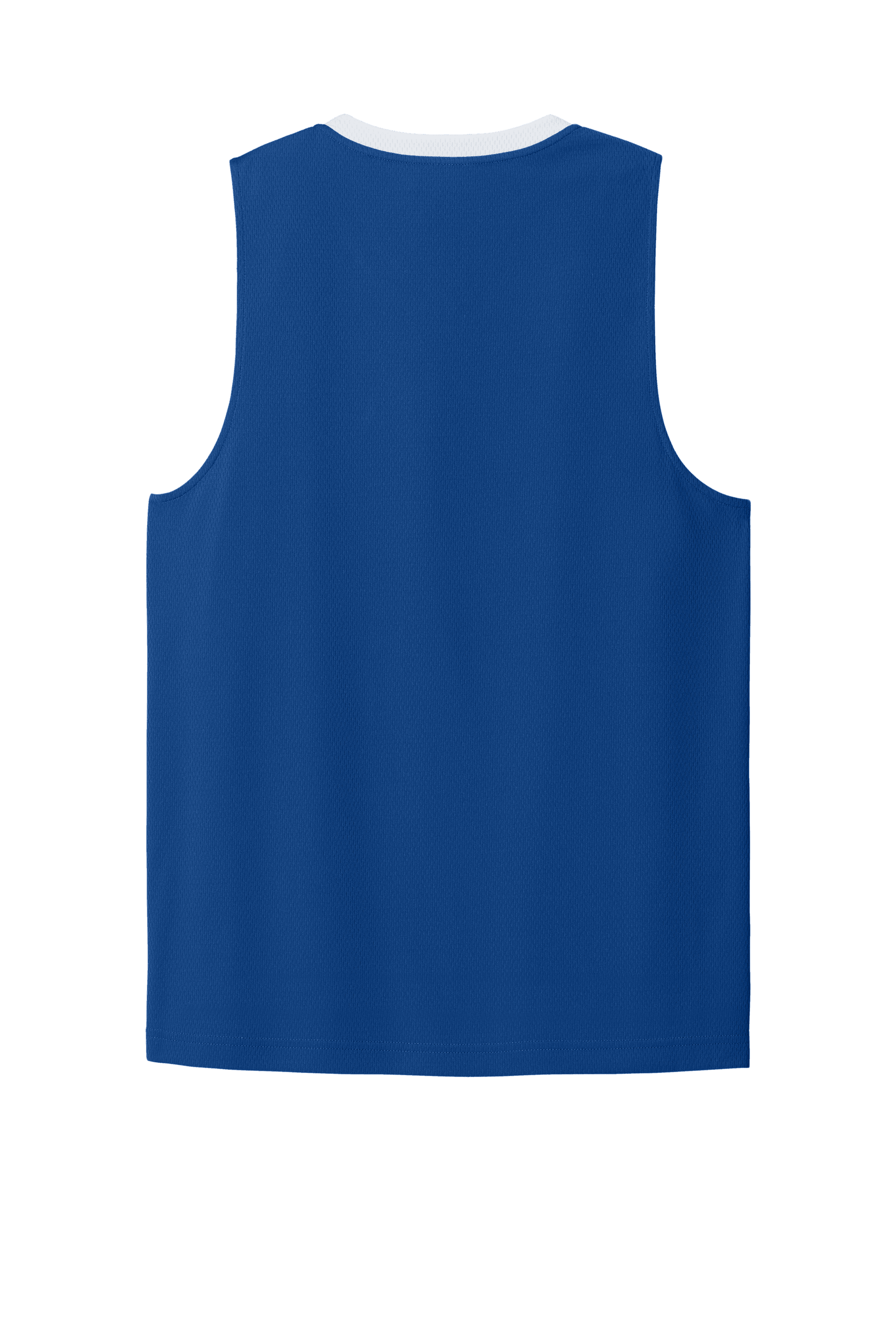 Blue and white Sport-Tek basketball jersey with customizable name and number, lightweight and breathable mesh design.