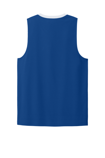 Blue and white Sport-Tek basketball jersey with customizable name and number, lightweight and breathable mesh design.