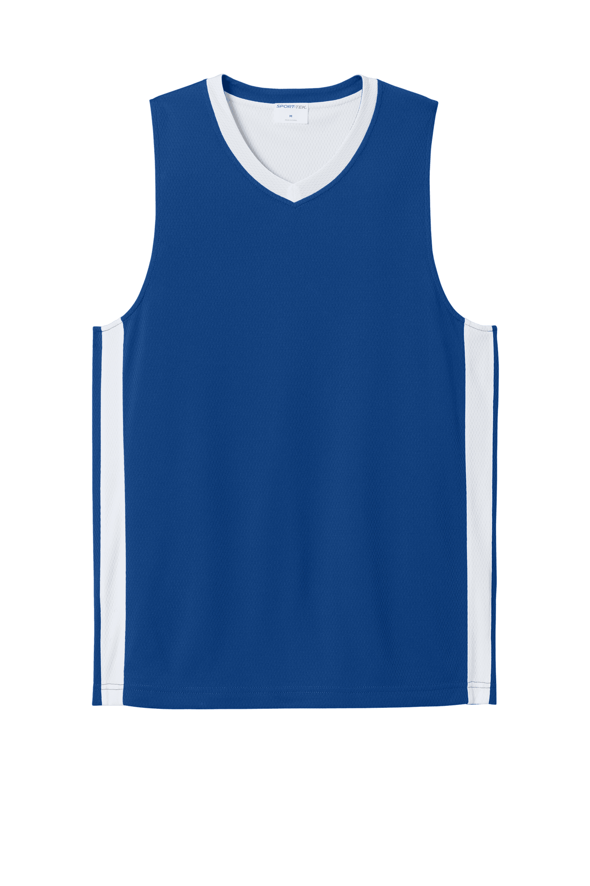 Blue and white customizable Sport-Tek mesh basketball jersey with team name and number, lightweight and breathable for players.