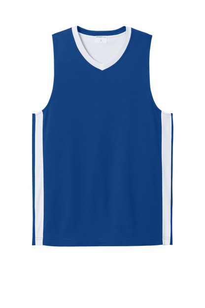 Blue and white customizable Sport-Tek mesh basketball jersey with team name and number, lightweight and breathable for players.