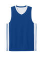 Blue and white customizable Sport-Tek mesh basketball jersey with team name and number, lightweight and breathable for players.