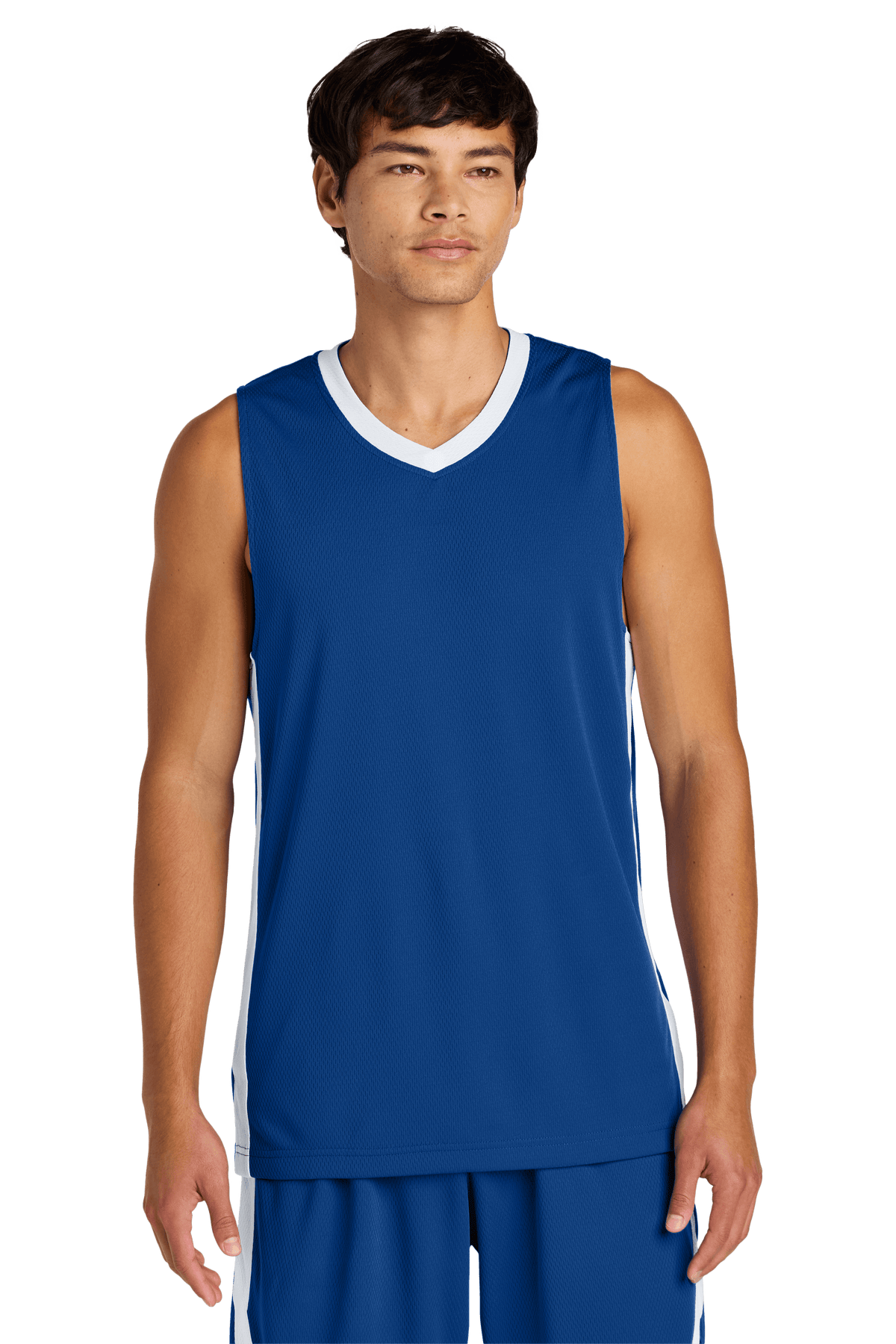 Blue and white Sport-Tek mesh basketball jersey with customizable name and number, lightweight and breathable for team sports.