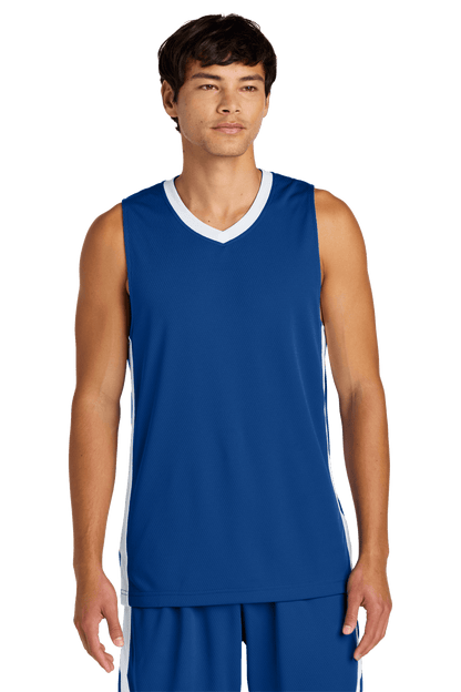 Blue and white Sport-Tek mesh basketball jersey with customizable name and number, lightweight and breathable for team sports.