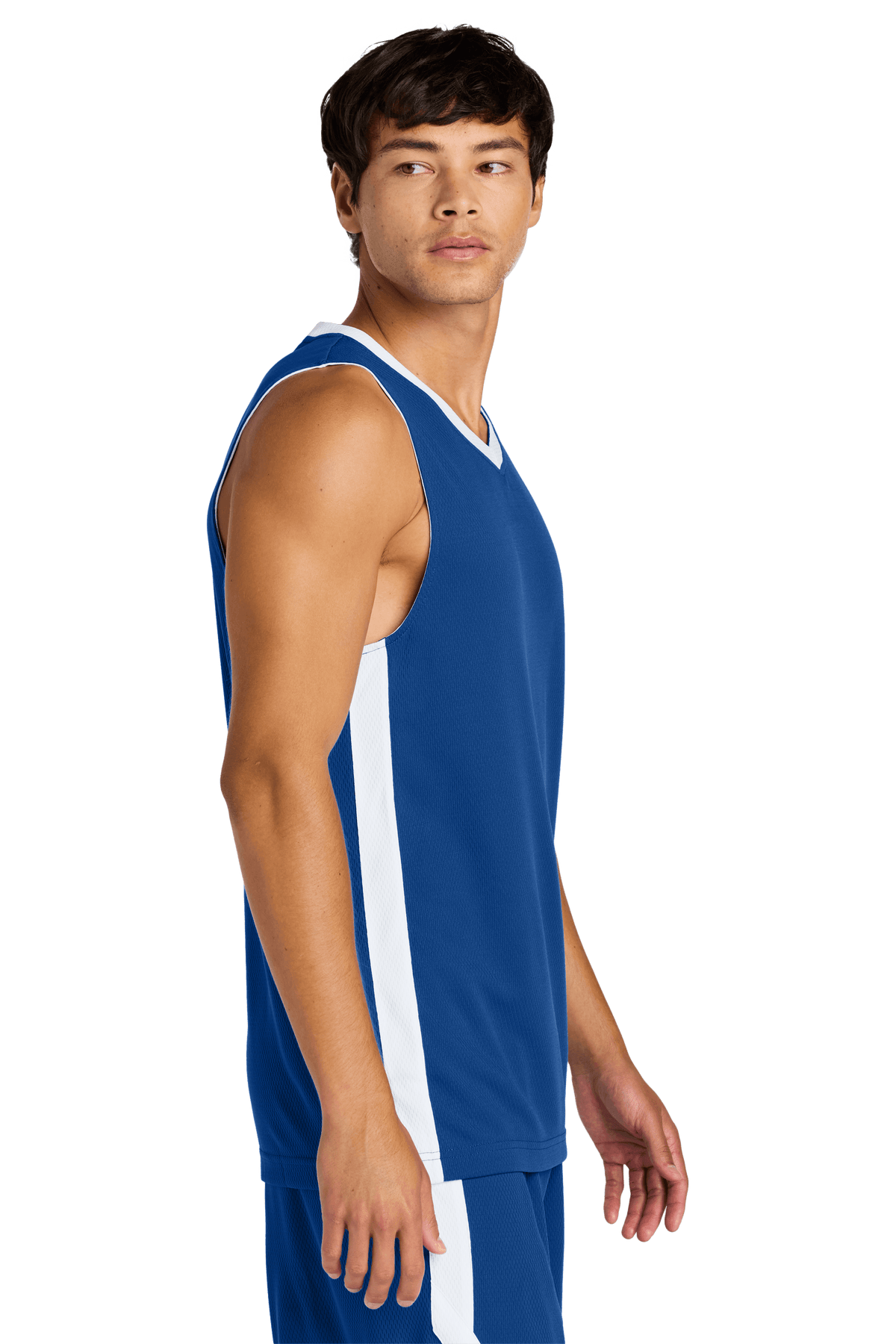 Blue and white Sport-Tek mesh basketball jersey with customizable name and number, lightweight and breathable for team play.