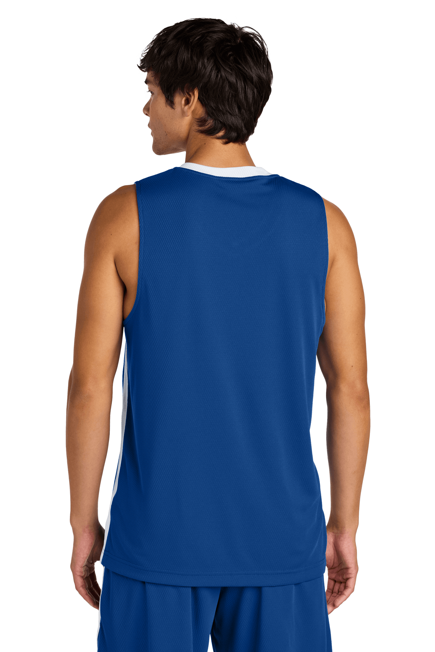 Blue and white Sport-Tek customizable mesh basketball jersey with name and number, lightweight and breathable for team play.