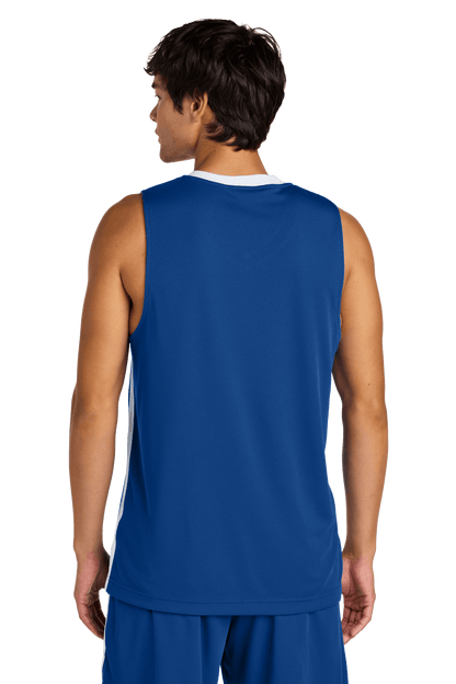 Blue and white Sport-Tek customizable mesh basketball jersey with name and number, lightweight and breathable for team play.