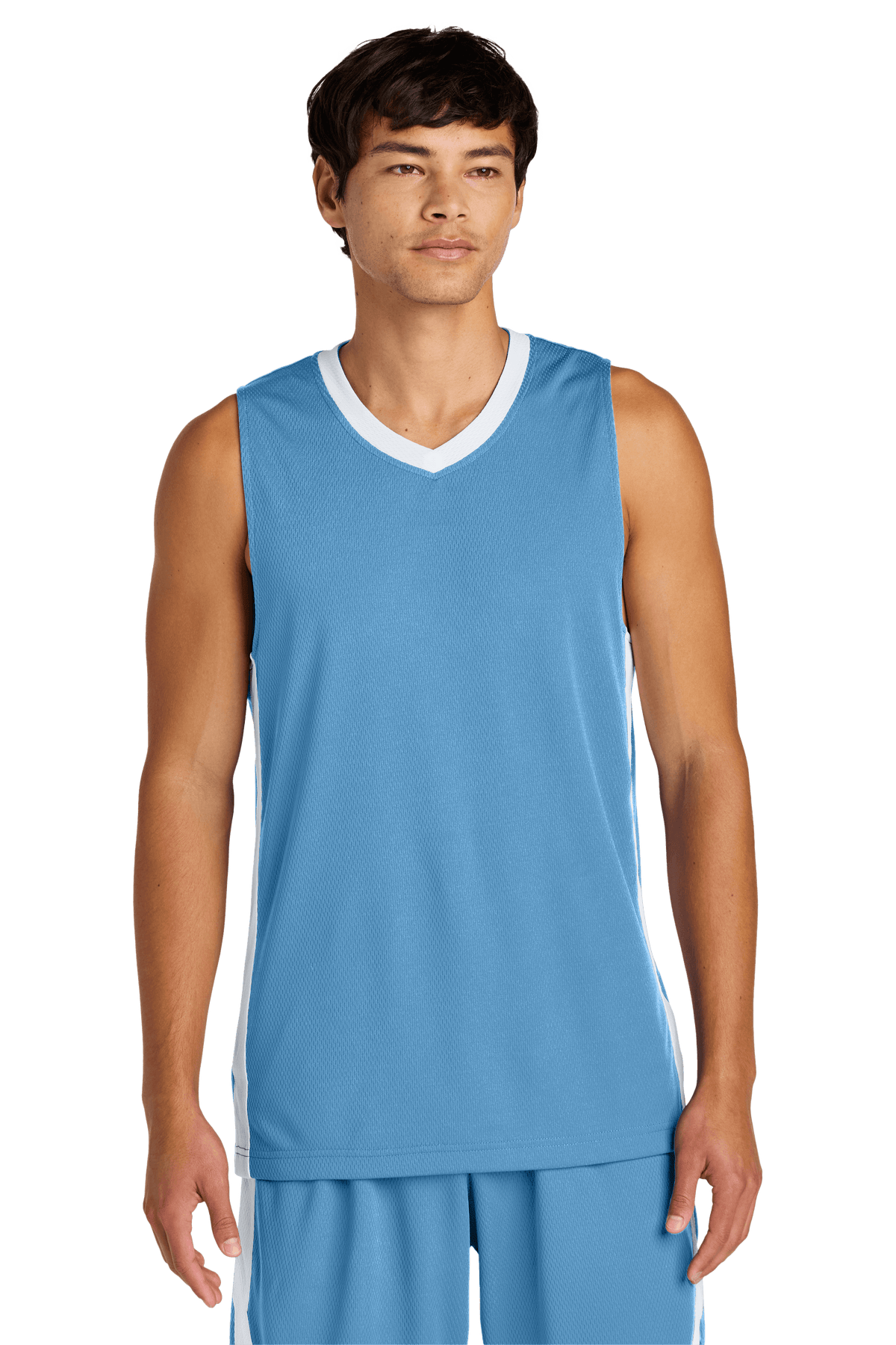 Sport-Tek customizable mesh basketball jersey in Carolina Blue with white team name and number, lightweight and breathable for athletes.