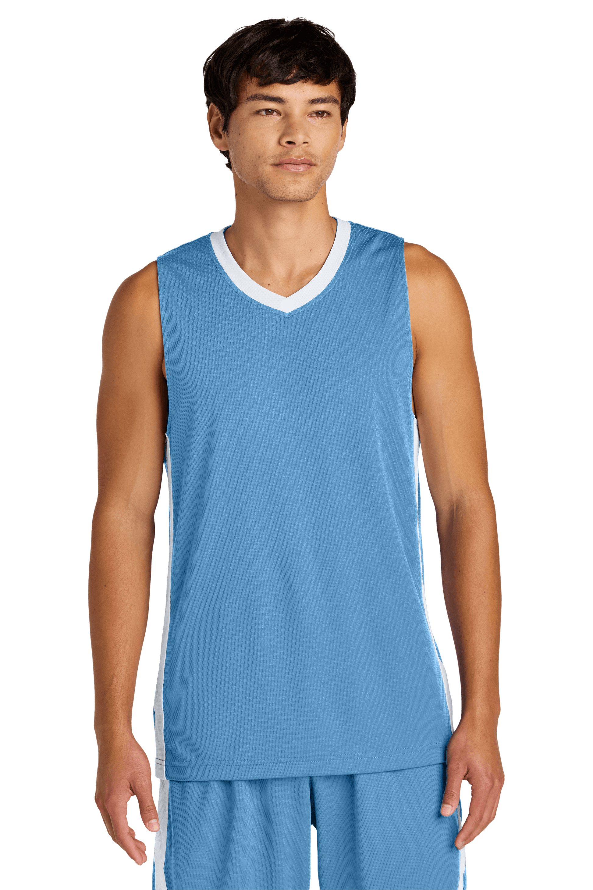 Sport-Tek customizable mesh basketball jersey in Carolina Blue with white team name and number, lightweight and breathable for athletes.
