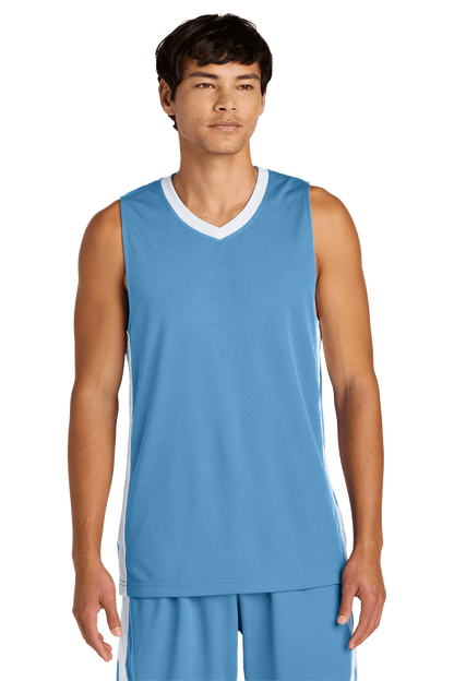 Sport-Tek customizable mesh basketball jersey in Carolina Blue with white team name and number, lightweight and breathable for athletes.