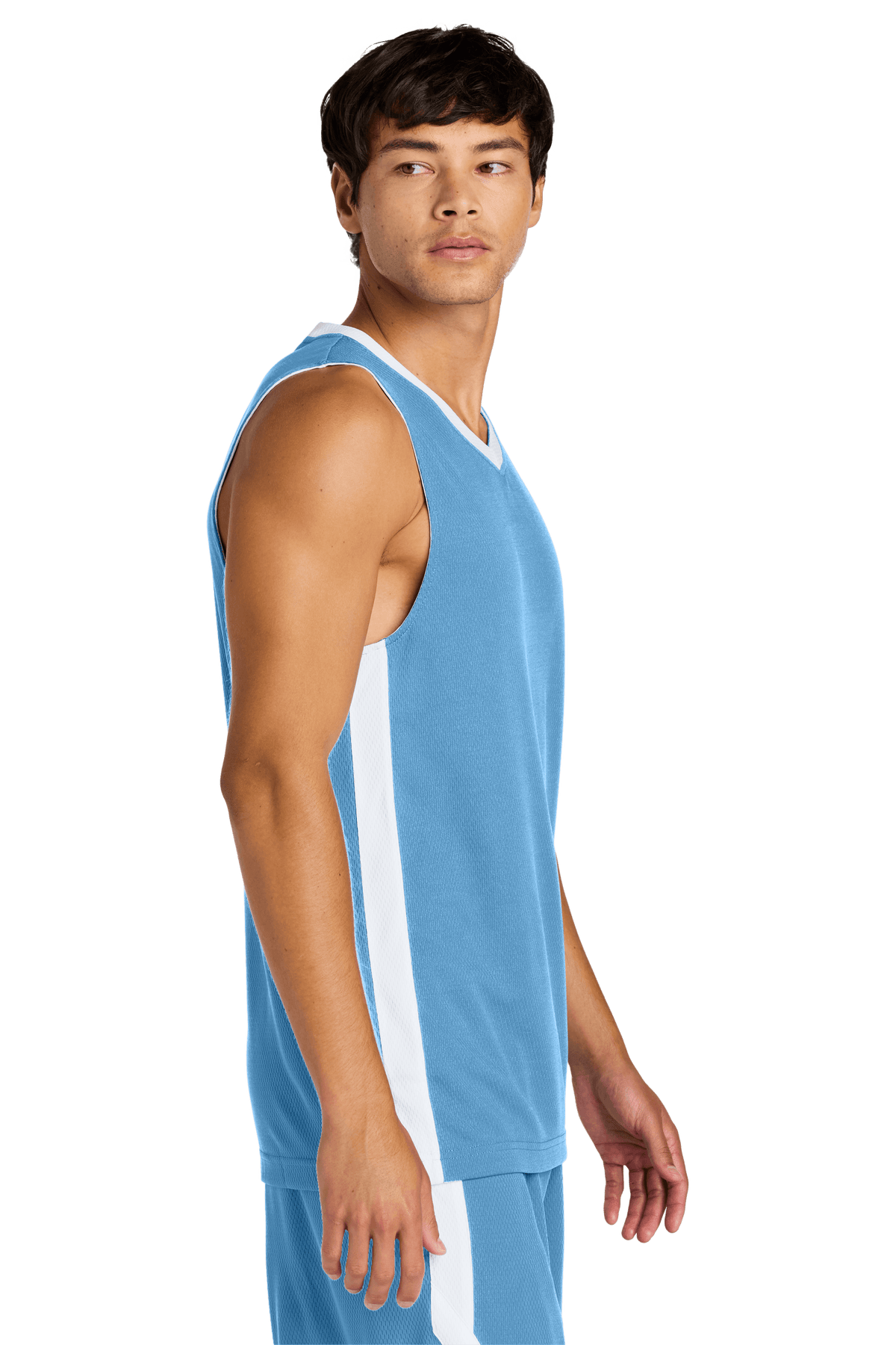 Sport-Tek customizable mesh basketball jersey in Carolina Blue and white, lightweight, breathable, with name and number details.