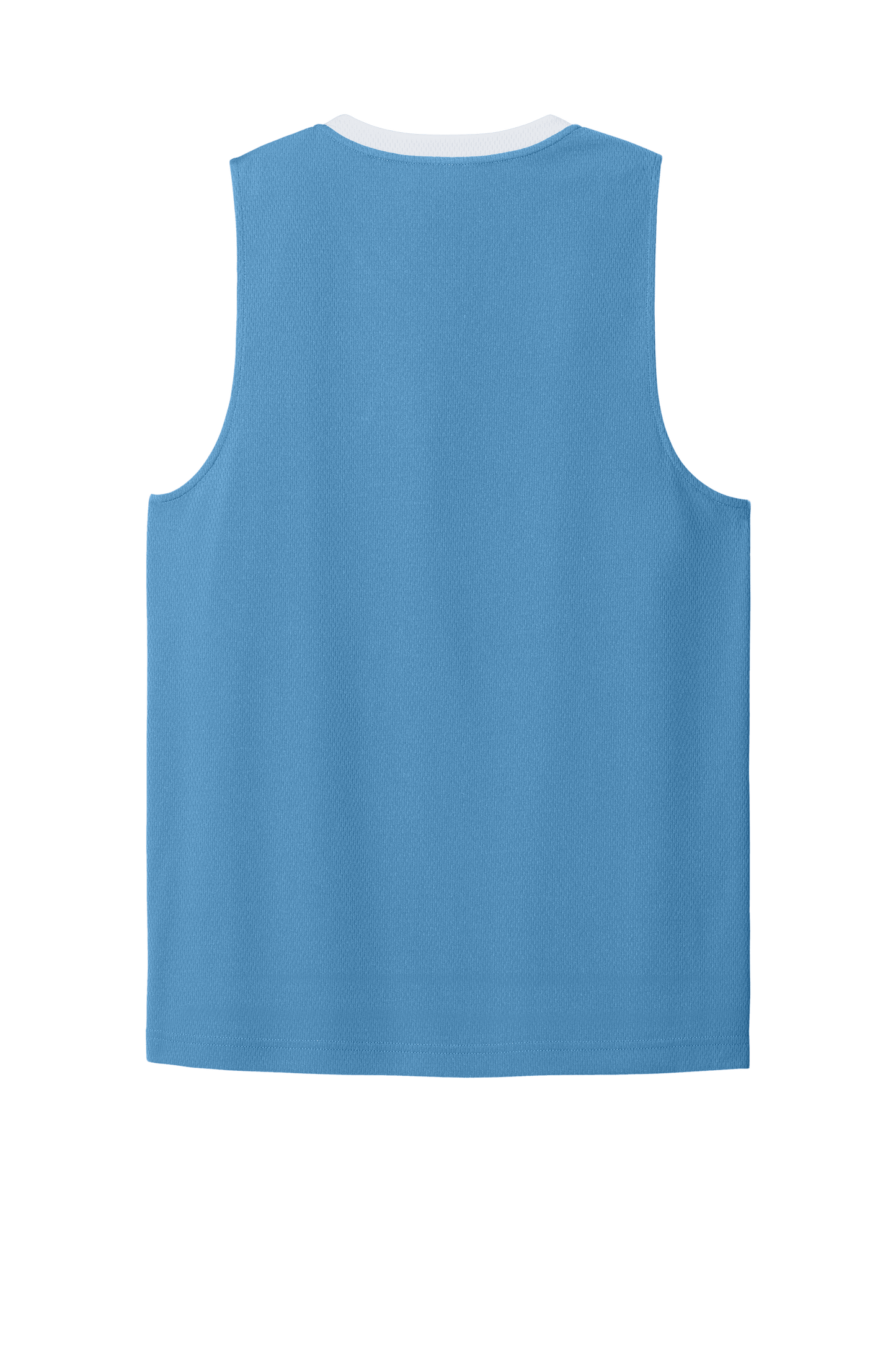 Customizable Sport-Tek mesh basketball jersey in Carolina Blue with white back, featuring team name and player number.