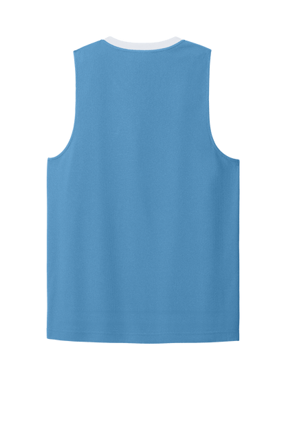 Customizable Sport-Tek mesh basketball jersey in Carolina Blue with white back, featuring team name and player number.