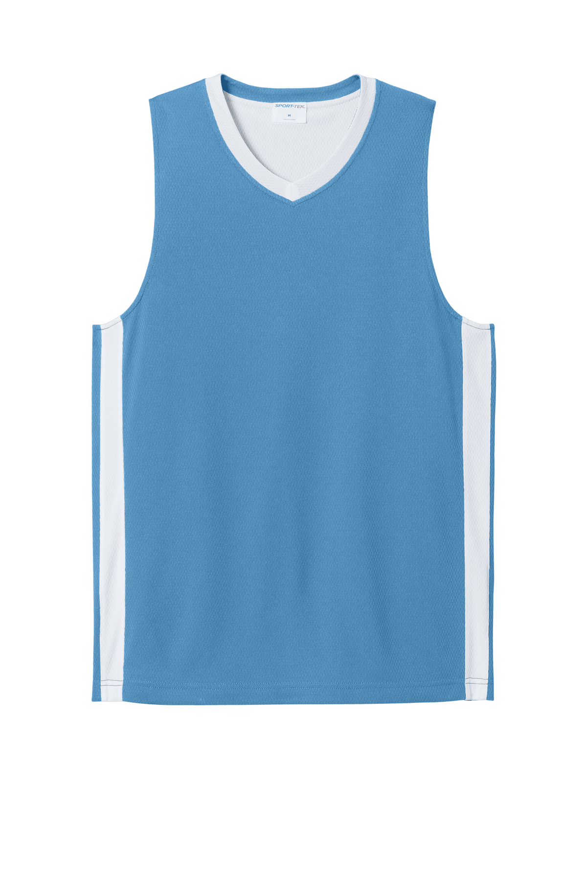 Sport-Tek customizable mesh basketball jersey in Carolina blue and white with team name and number on the front.