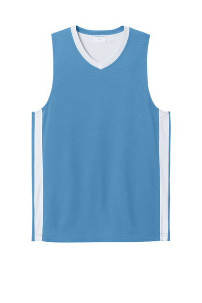 Sport-Tek customizable mesh basketball jersey in Carolina blue and white with team name and number on the front.