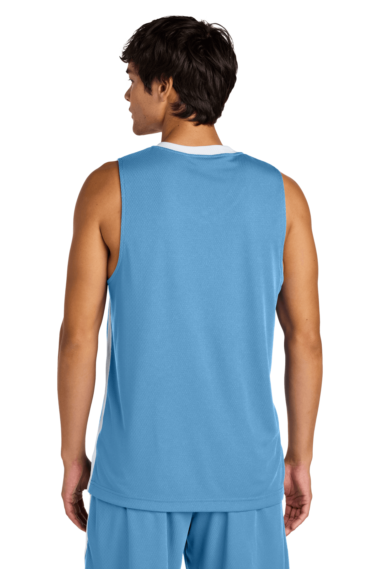 Carolina Blue Sport-Tek customizable mesh basketball jersey with white accents, featuring a name and number on the back.