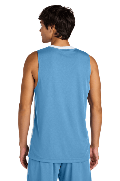 Carolina Blue Sport-Tek customizable mesh basketball jersey with white accents, featuring a name and number on the back.