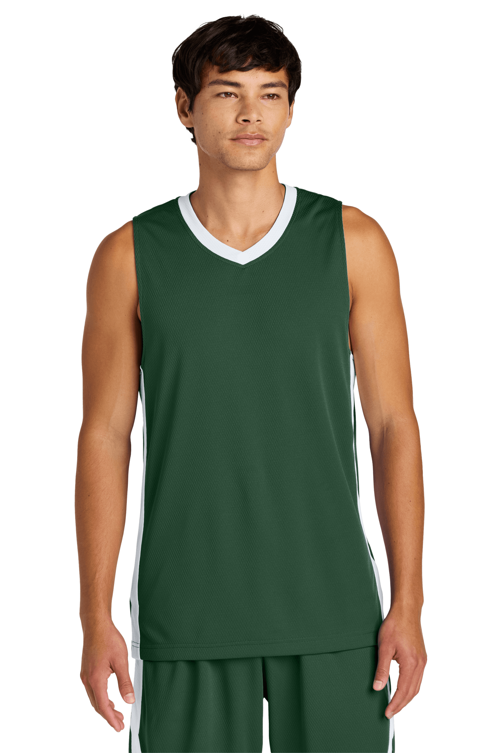 Custom Sport-Tek mesh basketball jersey in forest green and white with customizable name and number, lightweight and breathable.