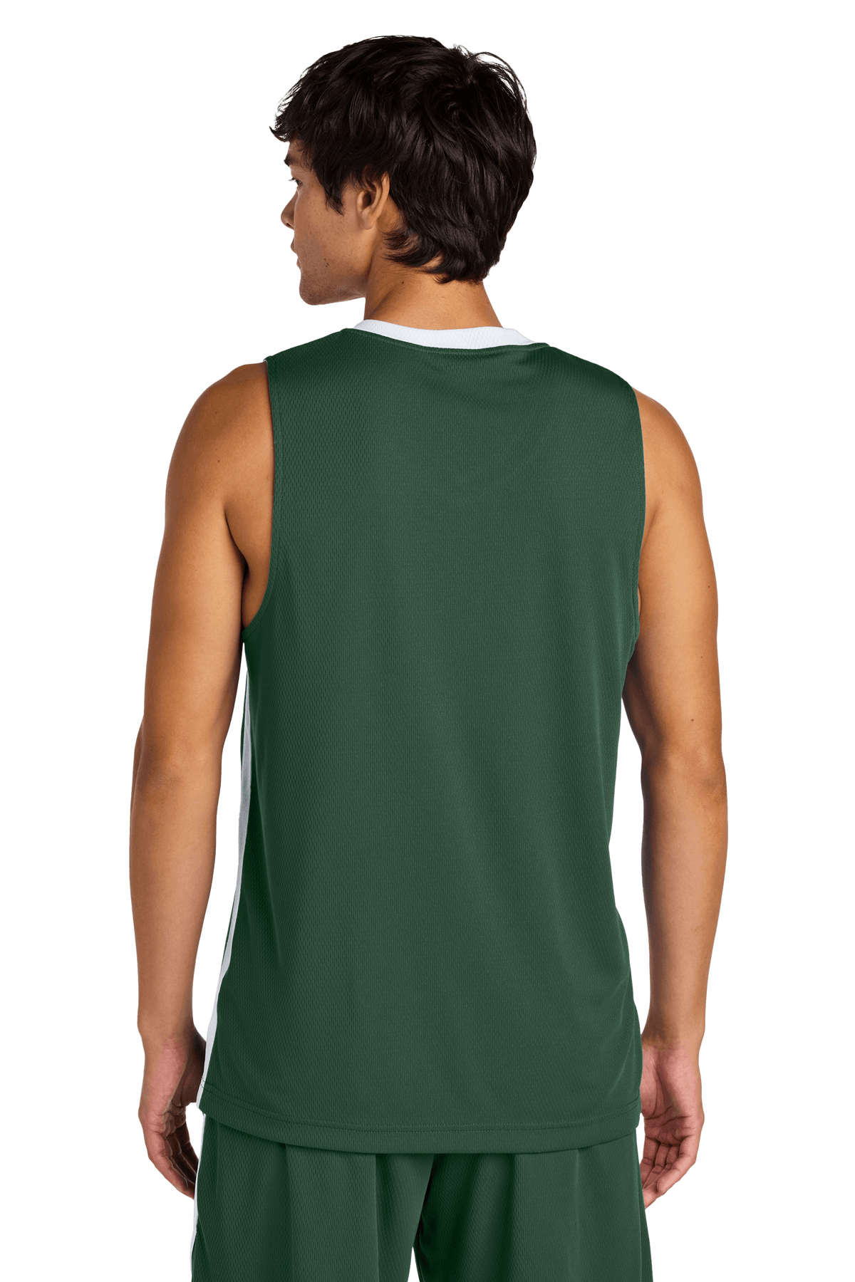 Forest green and white Sport-Tek basketball jersey with customizable name and number, lightweight and breathable mesh design.
