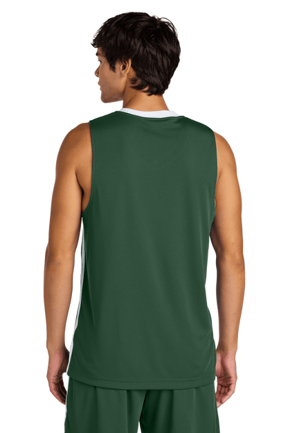 Forest green and white Sport-Tek basketball jersey with customizable name and number, lightweight and breathable mesh design.