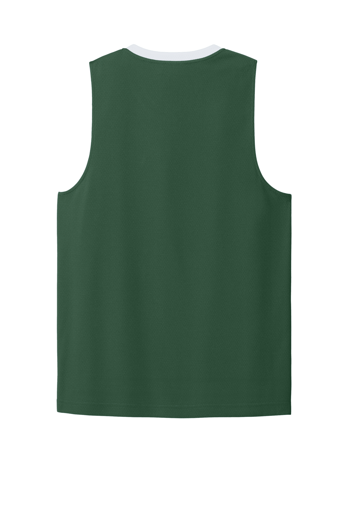 Sport-Tek customizable mesh basketball jersey in forest green and white with team name and number on the back.