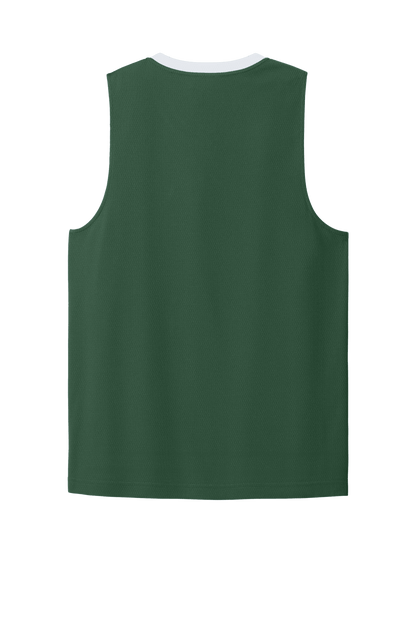 Sport-Tek customizable mesh basketball jersey in forest green and white with team name and number on the back.