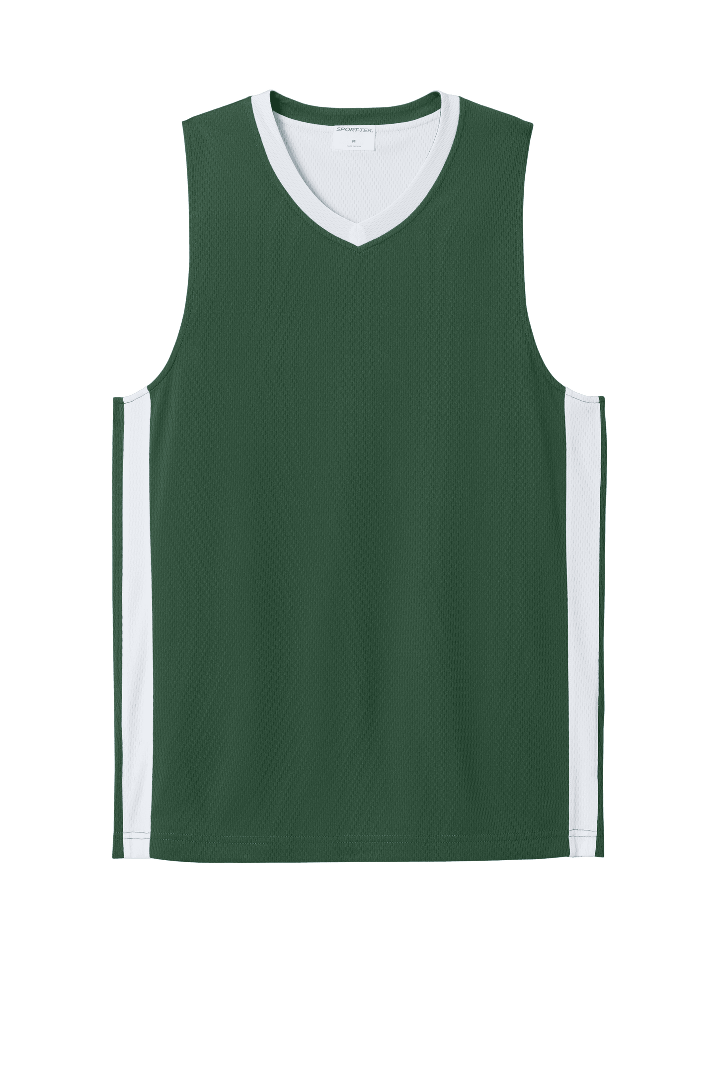 Forest green and white customizable Sport-Tek basketball jersey with team name and number, lightweight and breathable mesh fabric