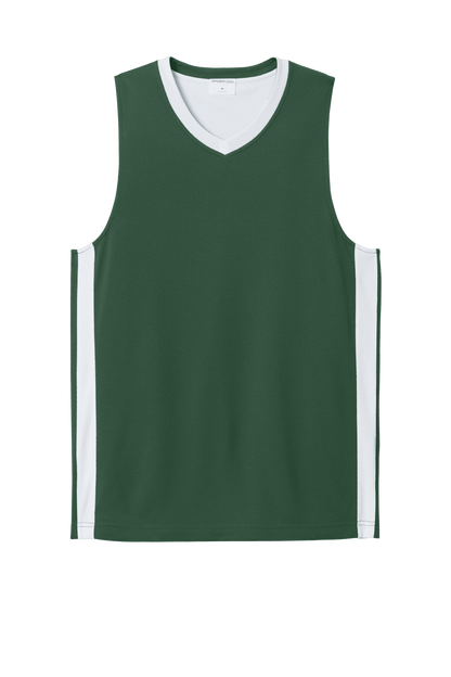 Forest green and white customizable Sport-Tek basketball jersey with team name and number, lightweight and breathable mesh fabric