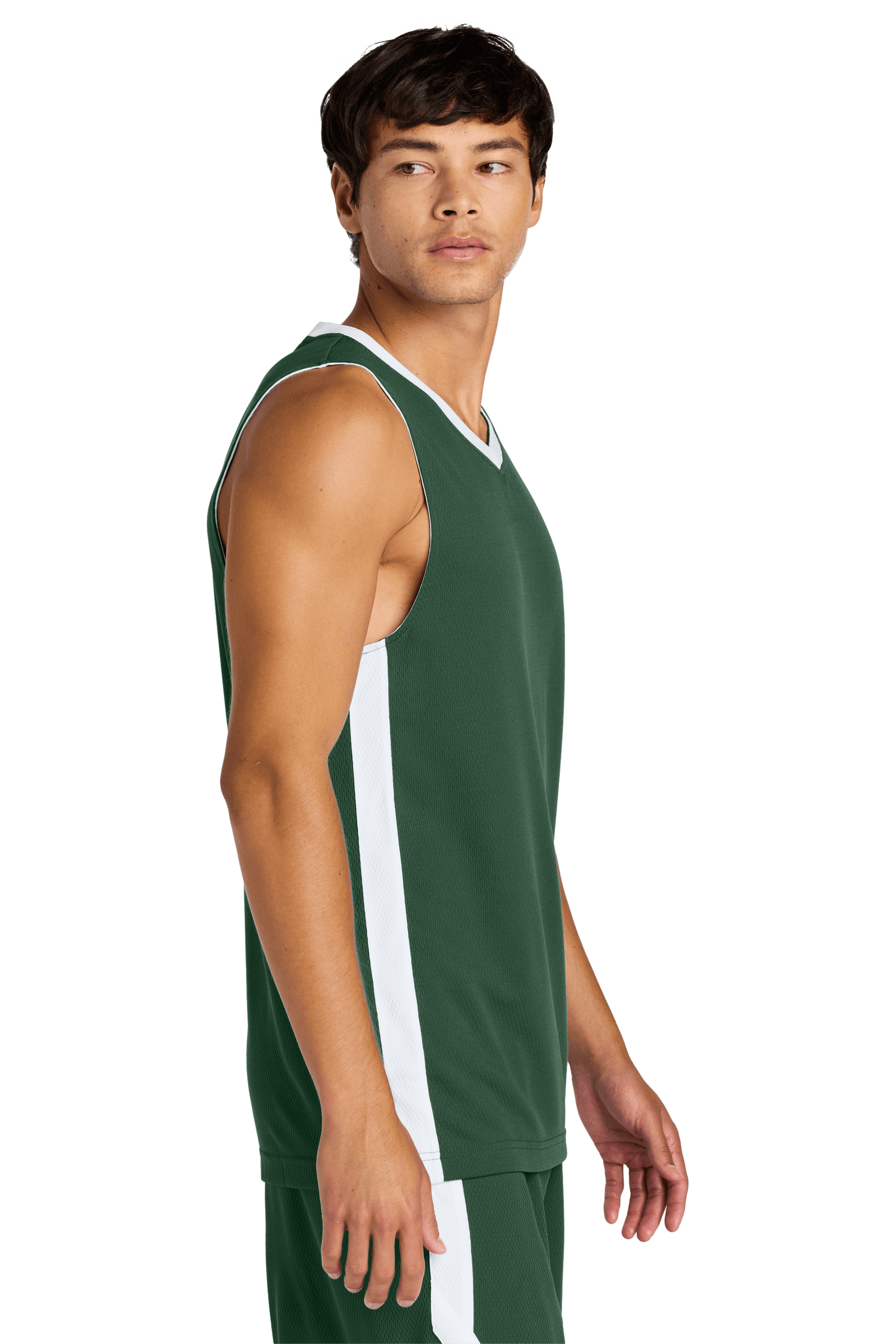 Sport-Tek custom mesh basketball jersey in forest green and white, featuring breathable fabric, team-ready design, with name and number.
