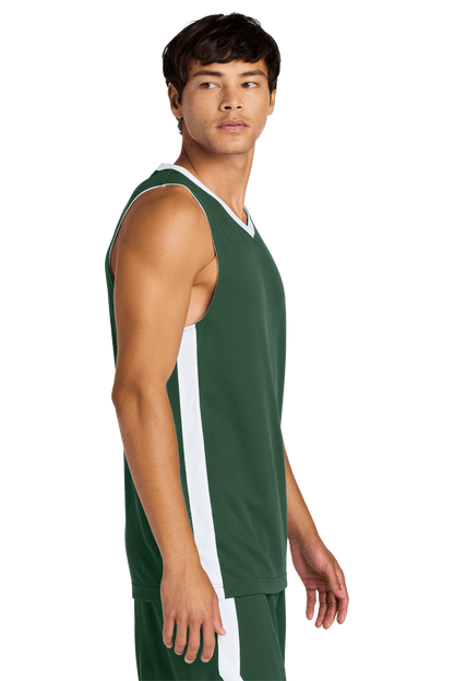 Sport-Tek custom mesh basketball jersey in forest green and white, featuring breathable fabric, team-ready design, with name and number.