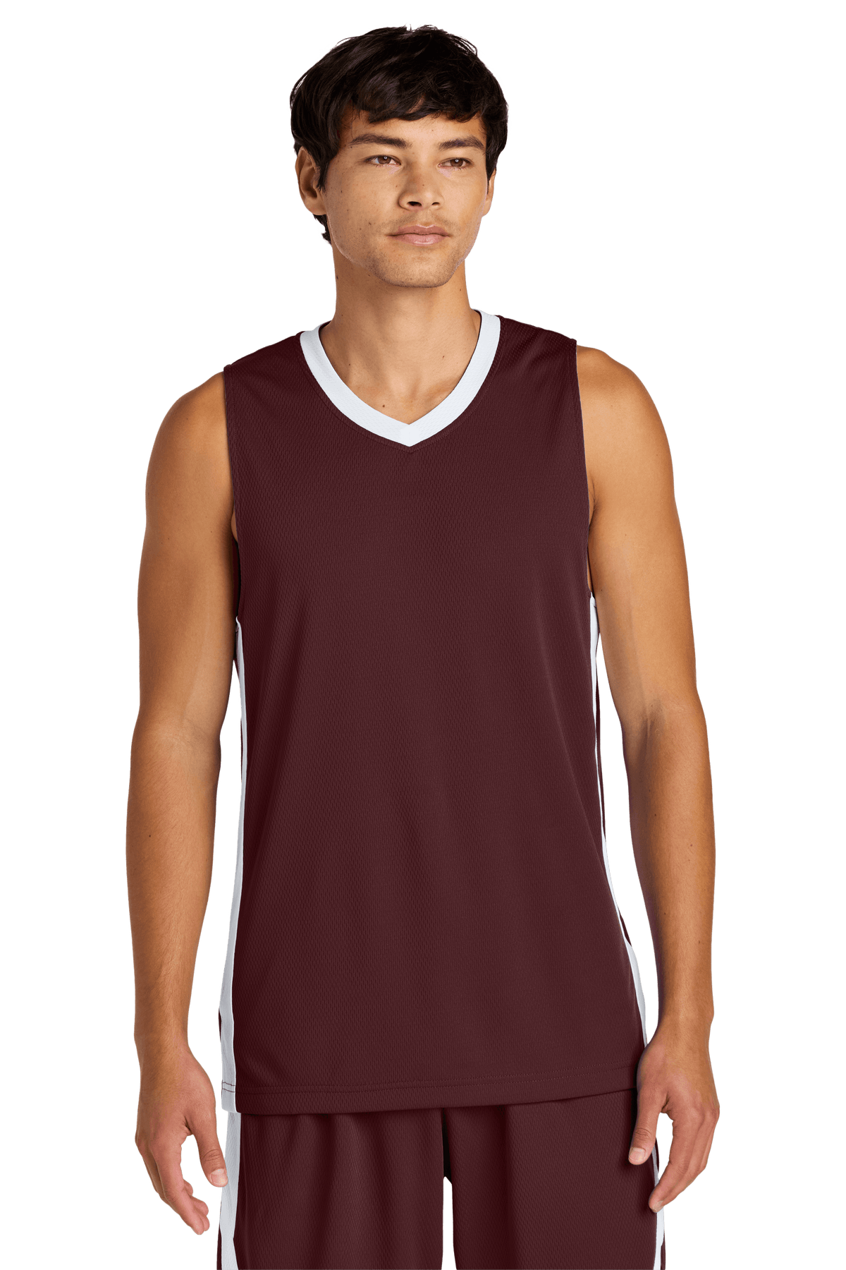 Maroon and white customizable mesh basketball jersey by Sport-Tek with space for name and number, lightweight and breathable.