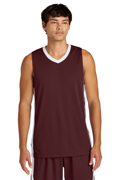 Maroon and white customizable mesh basketball jersey by Sport-Tek with space for name and number, lightweight and breathable.