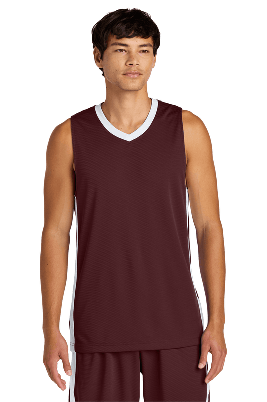 Sport-Tek customizable mesh basketball jersey in maroon and white with team name and number, lightweight and breathable.