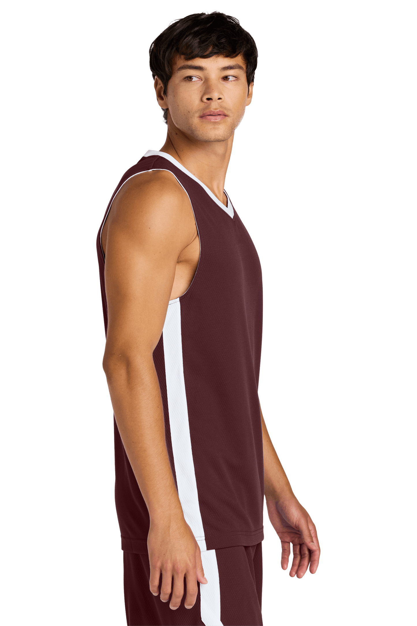 Maroon and white customizable Sport-Tek mesh basketball jersey with player name and number, lightweight and breathable for team sports