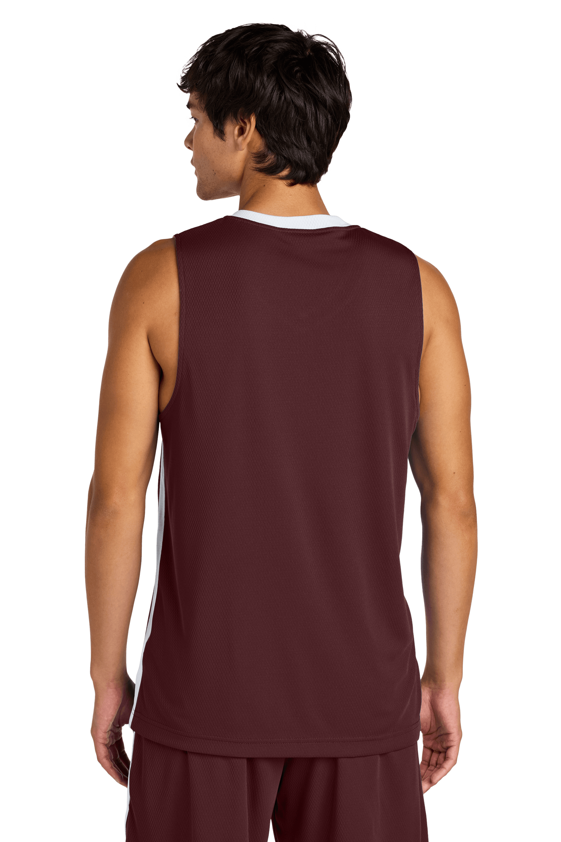 Maroon and white customizable Sport-Tek mesh basketball jersey with name and number, lightweight and breathable for team play.