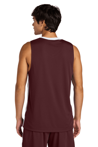 Maroon and white customizable Sport-Tek mesh basketball jersey with name and number, lightweight and breathable for team play.