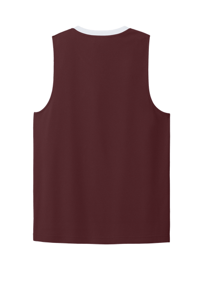 Maroon and white Sport-Tek customizable mesh basketball jersey with name and number, lightweight and breathable for team play
