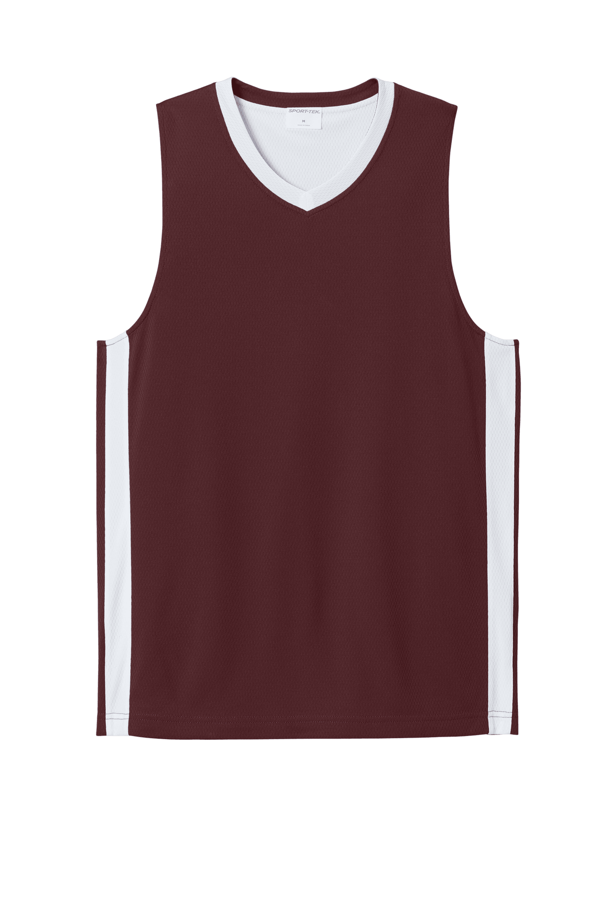 Maroon and white Sport-Tek customizable mesh basketball jersey with team name and number, lightweight and breathable design.