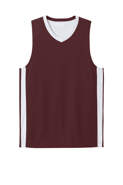 Maroon and white Sport-Tek customizable mesh basketball jersey with team name and number, lightweight and breathable design.