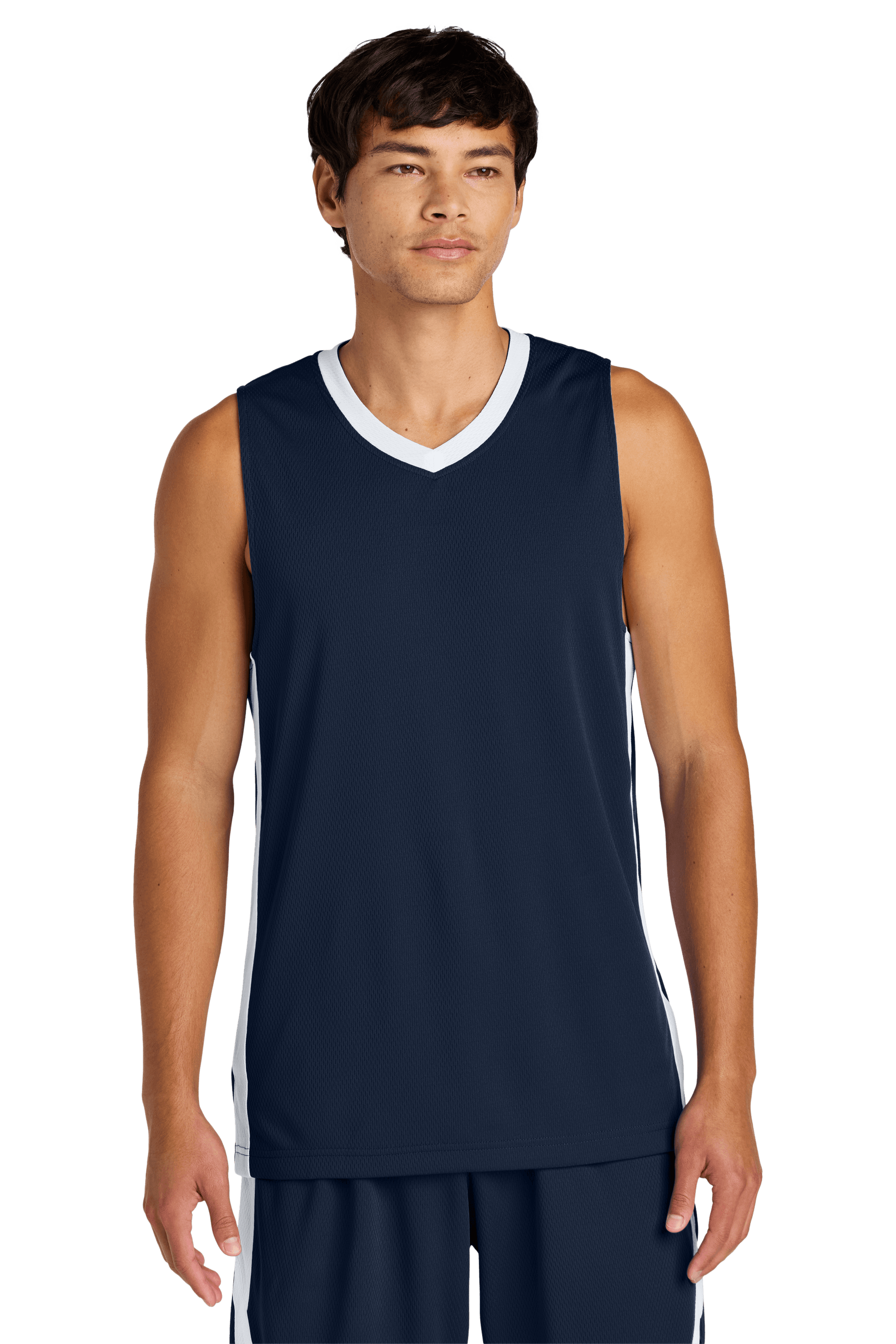 Navy and white customizable Sport-Tek basketball jersey with mesh fabric, team-ready design, and space for name and number.