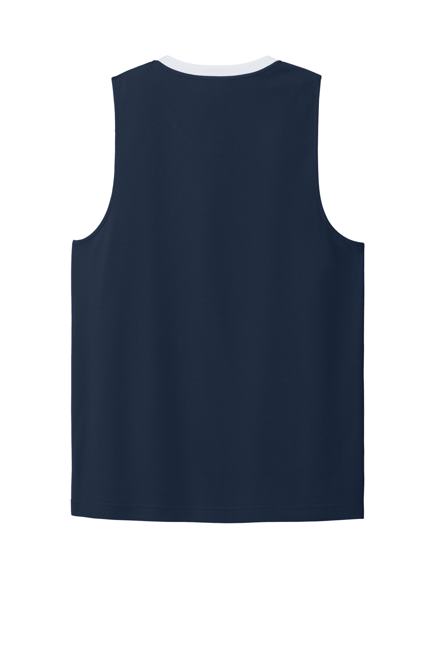 Navy and white customizable Sport-Tek mesh basketball jersey with name and number, lightweight and breathable for team play.