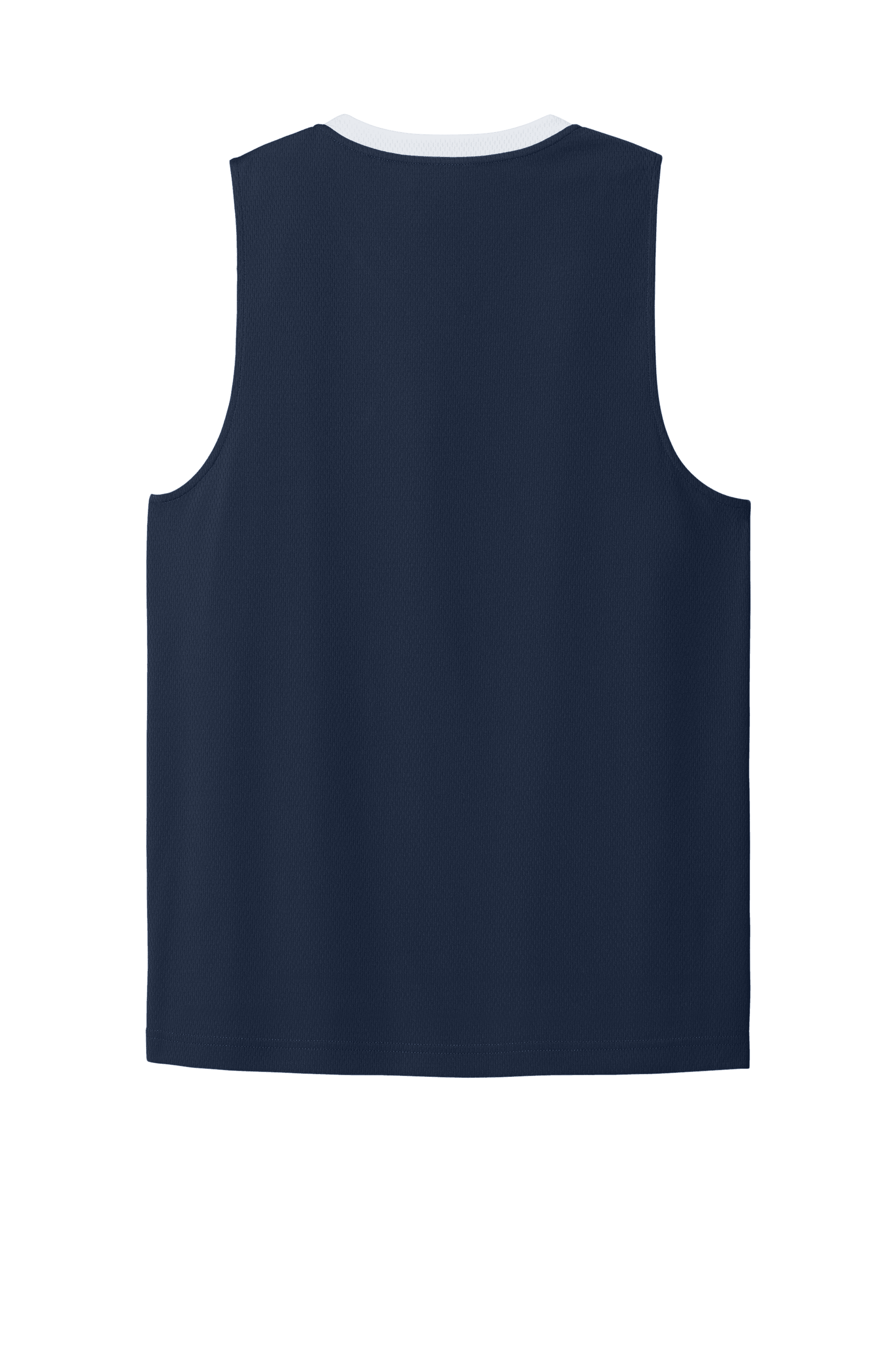 Navy and white customizable Sport-Tek mesh basketball jersey with name and number, lightweight and breathable for team play.