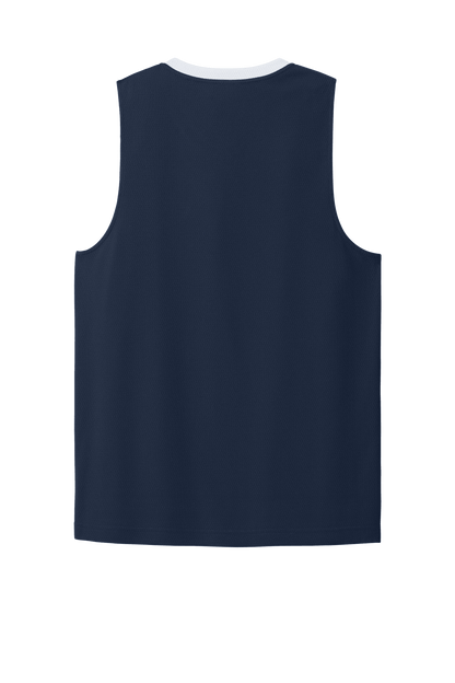 Navy and white customizable Sport-Tek mesh basketball jersey with name and number, lightweight and breathable for team play.