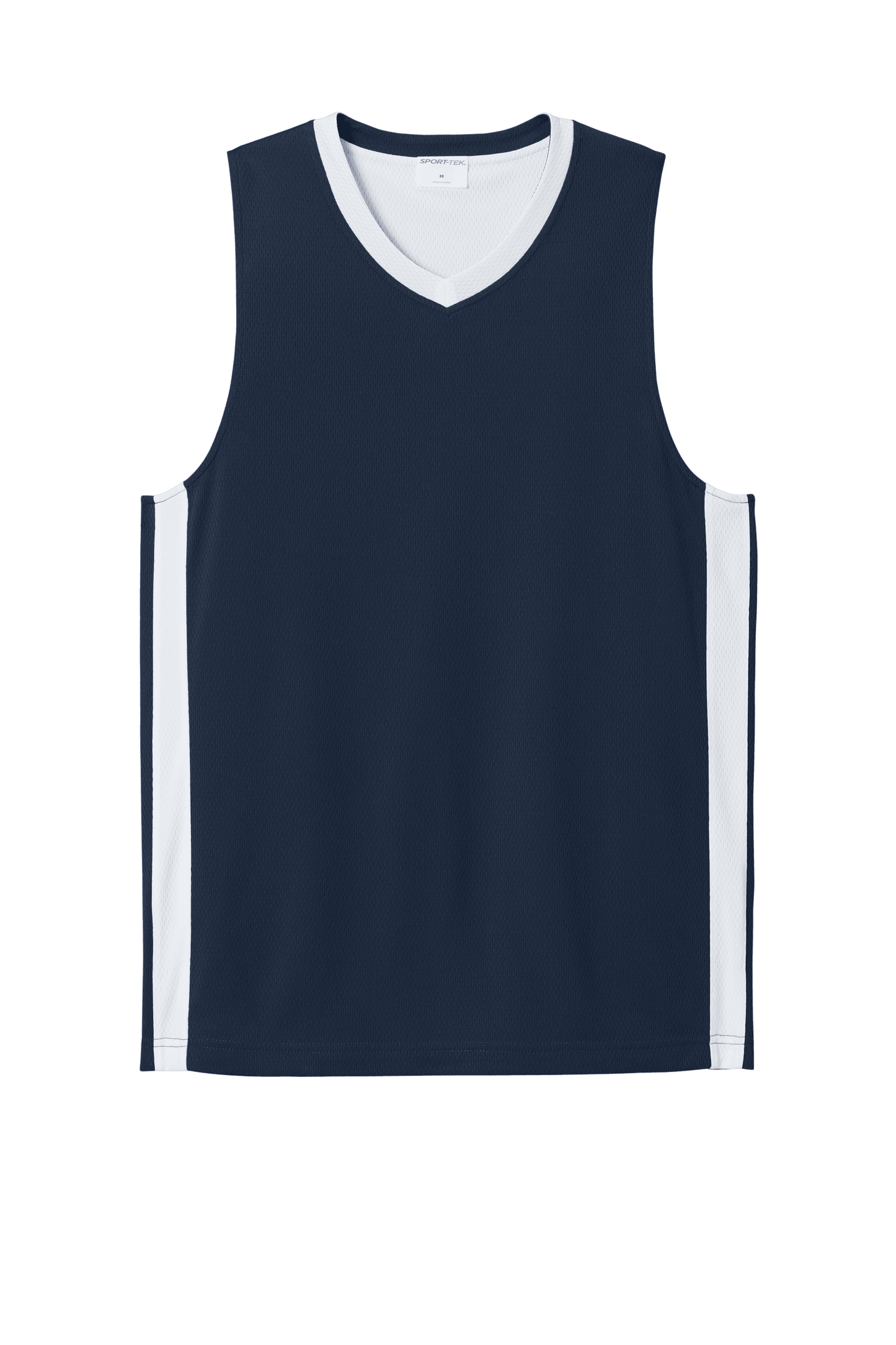 Sport-Tek customizable mesh basketball jersey in navy and white with team name and number, lightweight and breathable.