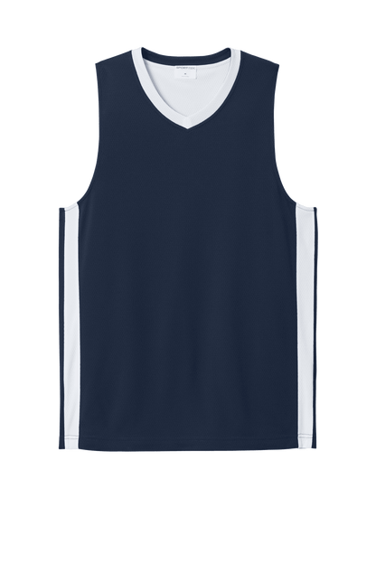 Sport-Tek customizable mesh basketball jersey in navy and white with team name and number, lightweight and breathable.