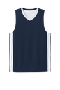 Sport-Tek customizable mesh basketball jersey in navy and white with team name and number, lightweight and breathable.