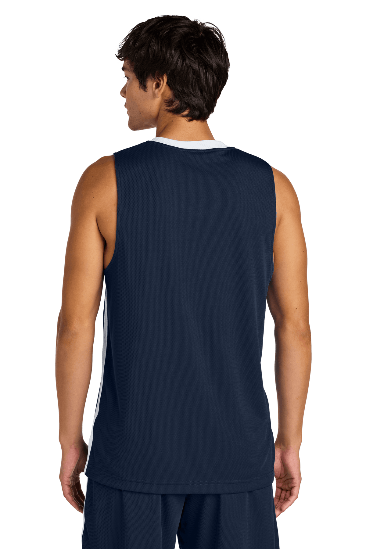 Navy and white customizable Sport-Tek mesh basketball jersey with name and number, lightweight and breathable for team sports.