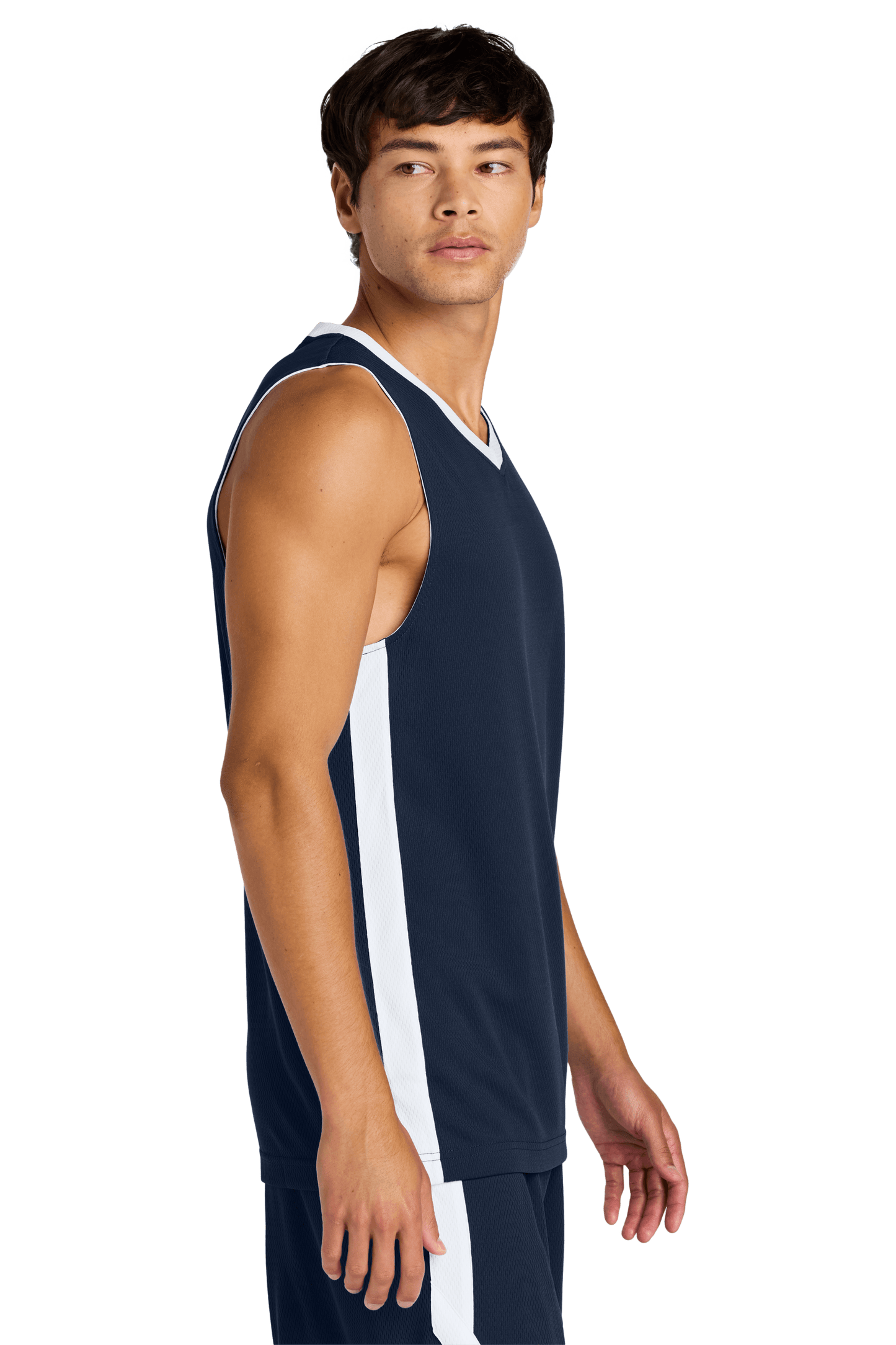Navy and white customizable mesh basketball jersey by Sport-Tek with team name and number, lightweight and breathable design.