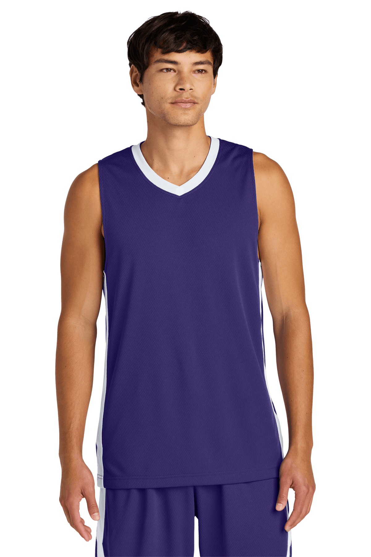 Purple and white Sport-Tek breathable mesh basketball jersey with customizable name and number for team play.
